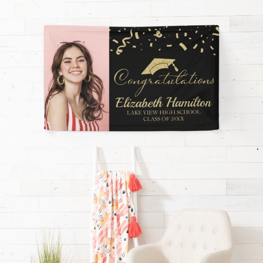 Gefeliciteerd Goud En Zwart Foto Afstuderen Spandoek (Insitu)