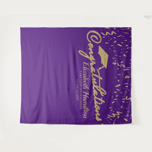 Gefeliciteerd Goud Paarse Afstudeerbackdrop Wandkleed (Voorkant (horizontaal))