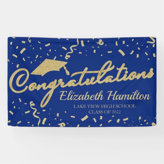 Gefeliciteerd Gouden En Blauwe Afstudeerbanner Spandoek (Horizontaal)
