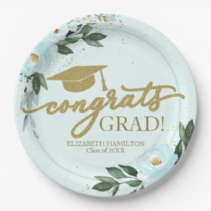 Gefeliciteerd Grad Goud Turquoise Bloemige Afstude Papieren Bordje