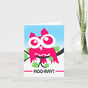 Gefeliciteerd Horay Cute Pink Owl op Tak Kaart