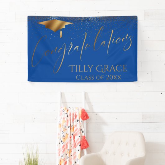 Gefeliciteerd, je Afstuderen Gold Confetti op Blau Spandoek (Insitu)