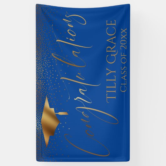 Gefeliciteerd, je Afstuderen Gold Confetti op Blau Spandoek (Verticaal)