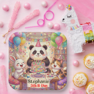 Gefeliciteerd Konijn Panda Kat Moppige Dieren Papieren Bordje