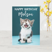 Gefeliciteerd | Meeuwende Baby Kitten Kaart (Gele Bloem)