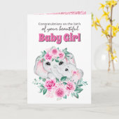 Gefeliciteerd meisje met roze olifantengeboorte  kaart (Gele Bloem)