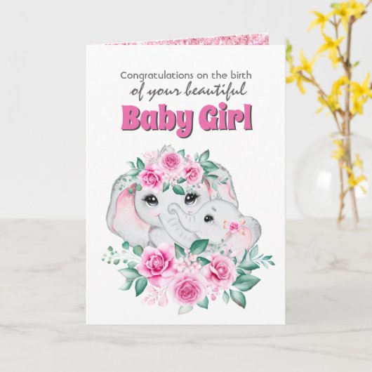 Gefeliciteerd meisje met roze olifantengeboorte  kaart (Gele Bloem)