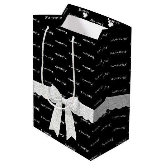 Gefeliciteerd met afstuderen met witte strik medium cadeauzakje (Achterkant Gekanteld)