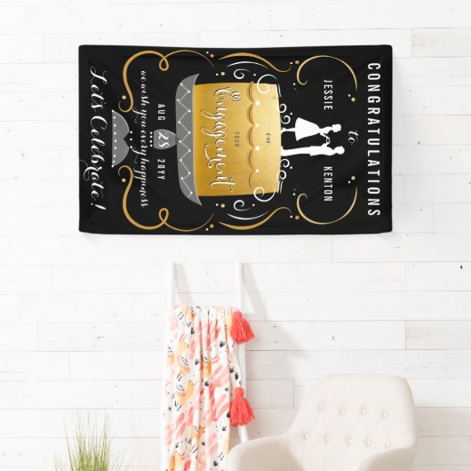 Gefeliciteerd met Black & Gold Engagement Party Spandoek (Insitu)