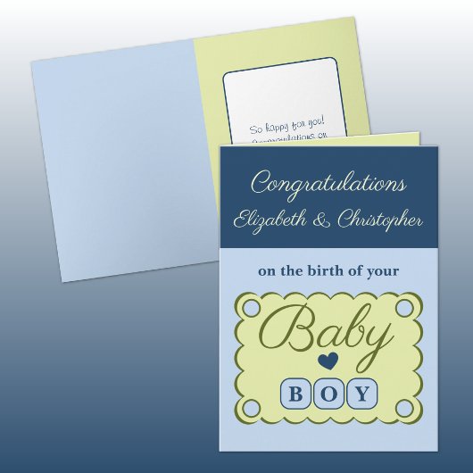 Gefeliciteerd met de baby jongen blauw groen kaart