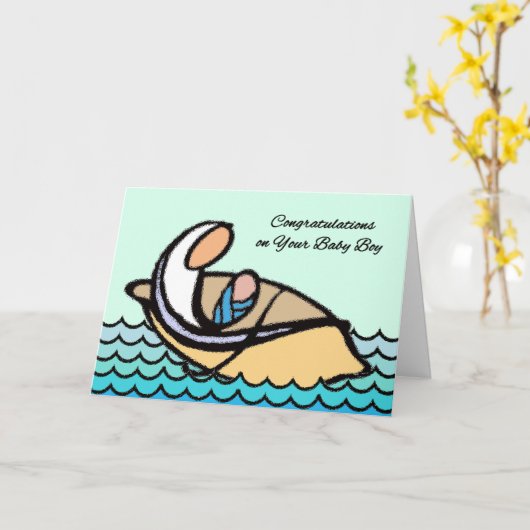 Gefeliciteerd met de baby, moeder, zoon in de boot kaart (Gele Bloem)