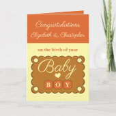 Gefeliciteerd met de babyjongen oranje geel kaart (Voorkant)
