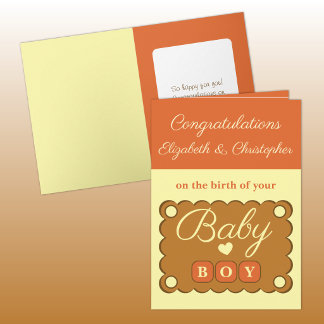 Gefeliciteerd met de babyjongen oranje geel kaart