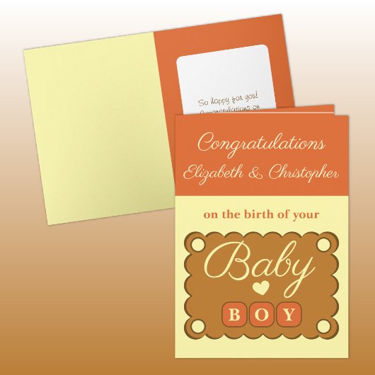 Gefeliciteerd met de babyjongen oranje geel kaart