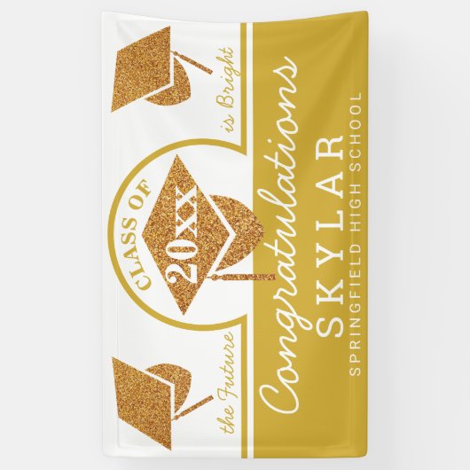 Gefeliciteerd met de Graduatie Cap Gold Fun Spandoek (Verticaal)