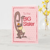 Gefeliciteerd met de grote zuster, aap op roze kaart (Gele Bloem)