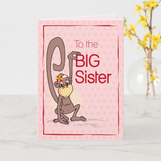 Gefeliciteerd met de grote zuster, aap op roze kaart (Gele Bloem)