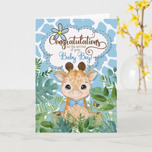 Gefeliciteerd met de nieuwe babyjongen Blue Giraff Kaart (Gele Bloem)