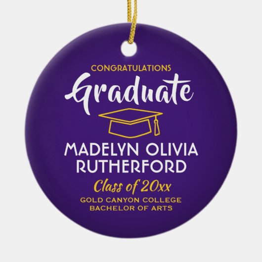 Gefeliciteerd met de Paarse en gouden Afstuderen f Keramisch Ornament (Voorkant)
