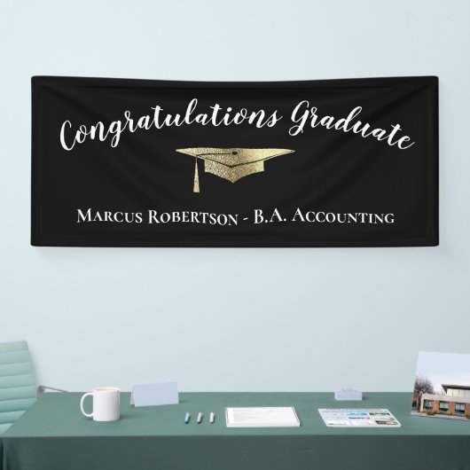 Gefeliciteerd met Elegant Black Gold Afstuderen Spandoek (Beurs)