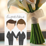 Gefeliciteerd met Gay Wedding Two Mannen Kaart<br><div class="desc">Een mooie trouwfelicitatiekaart voor een homopaar die getrouwd is. Voorziet een tekening van twee bruine mannen met een tuxedos en een handgreep. Een schattig LGBT-wenskaart om twee mannen te feliciteren.</div>
