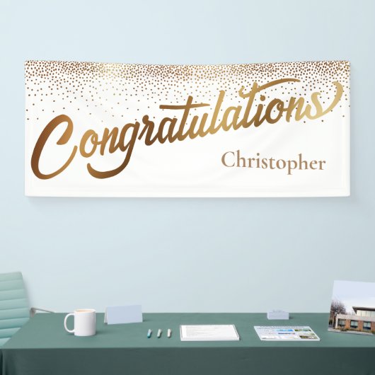 Gefeliciteerd met Gold Confetti op White Spandoek (Beurs)
