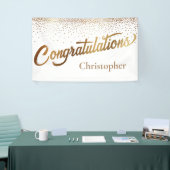 Gefeliciteerd met gouden confetti op wit spandoek (Beurs)