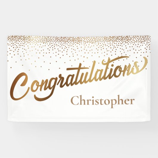 Gefeliciteerd met gouden confetti op wit spandoek (Horizontaal)