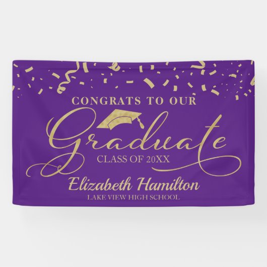 Gefeliciteerd met het Afstuderen goud en Paarse Spandoek (Horizontaal)