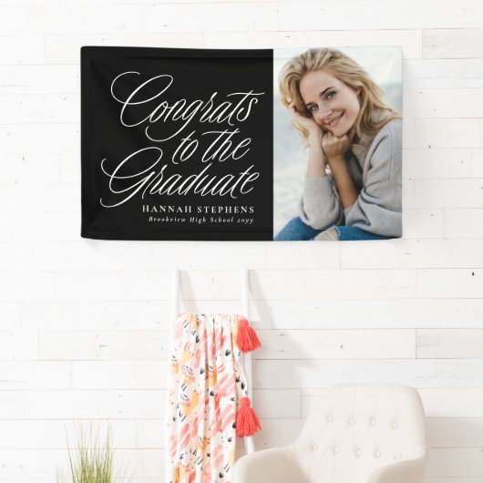 Gefeliciteerd met het afstuderen zwarte foto afstu spandoek (Insitu)
