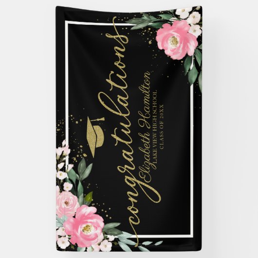 Gefeliciteerd met het hete roze bloemenafstudeerfe spandoek (Verticaal)