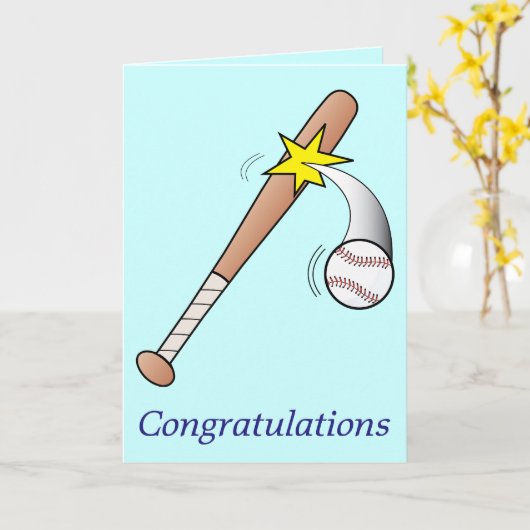 Gefeliciteerd met het spel met bal en bat kaart (Gele Bloem)