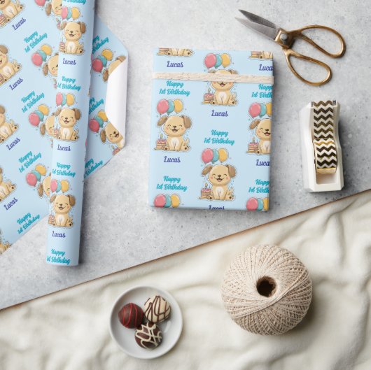 Gefeliciteerd met je 1e verjaardag, Puppy, Jongen, Cadeaupapier (Crafts)