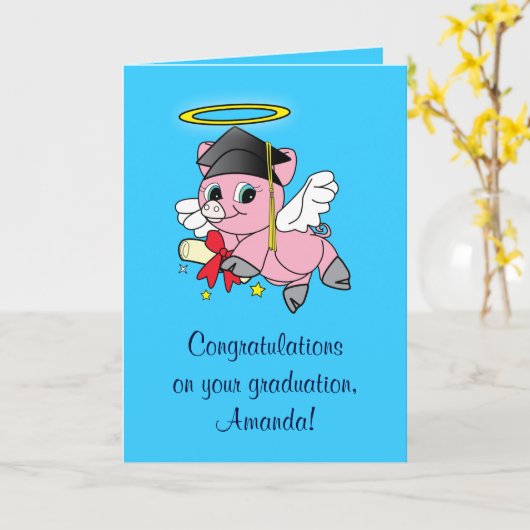 Gefeliciteerd met je Afstuderen Pig Angel Kaart (Gele Bloem)