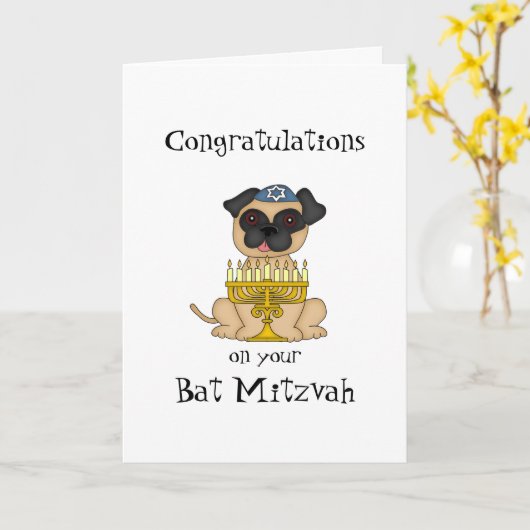 Gefeliciteerd met je Bat Mitswa-Pug hond Kaart (Gele Bloem)