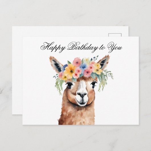 Gefeliciteerd met je verjaardag Alpaca met bloemen Briefkaart (Voorkant / Achterkant)