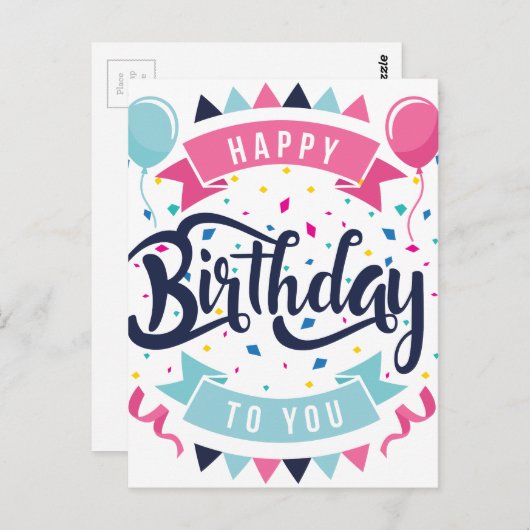 Gefeliciteerd met je verjaardag, confetti en bunti briefkaart (Voorkant / Achterkant)