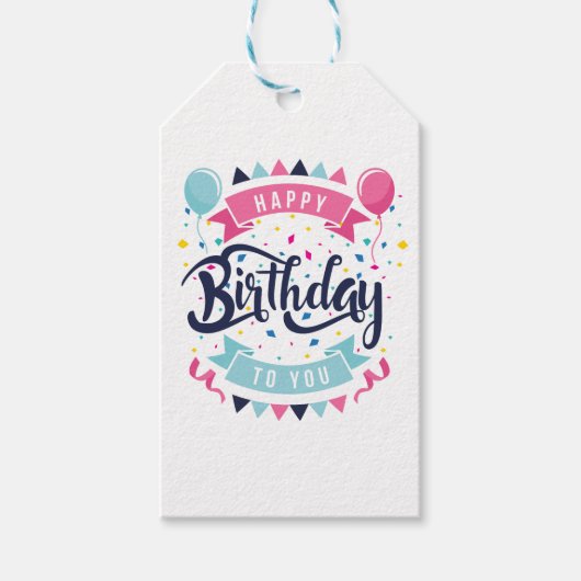 Gefeliciteerd met je verjaardag, confetti en bunti cadeaulabel (Voorkant)