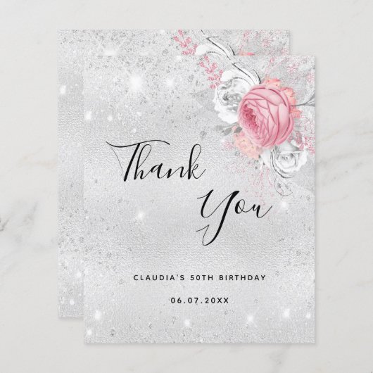 Gefeliciteerd met je verjaardag zilverroze bloemen (Voorkant / Achterkant)