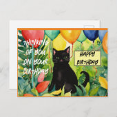 Gefeliciteerd met je verjaardag :zwarte kat opent  uitnodiging briefkaart (Voorkant / Achterkant)