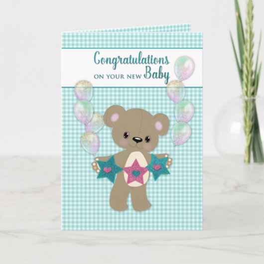 Gefeliciteerd met New Baby Neutral Teddy Bear Kaart (Voorkant)