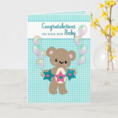 Gefeliciteerd met New Baby Neutral Teddy Bear Kaart (Gele Bloem)