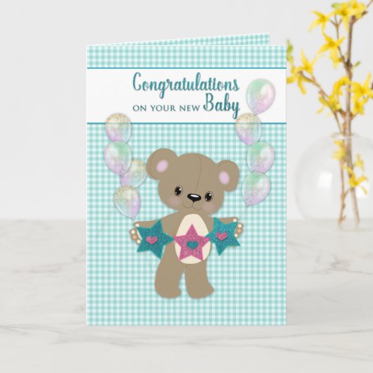 Gefeliciteerd met New Baby Neutral Teddy Bear Kaart (Gele Bloem)