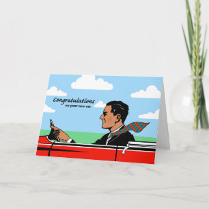 Gefeliciteerd met nieuwe auto, sportief Man met St Kaart
