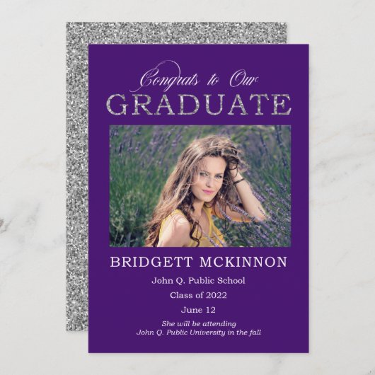 Gefeliciteerd met ons Afstuderen Zilver Glitter Pa Aankondiging (Voorkant / Achterkant)