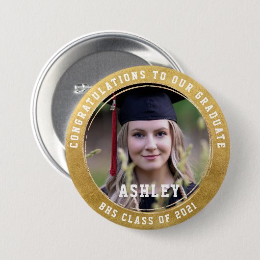 Gefeliciteerd met onze Afstuderen goudfoto Ronde Button 7,6 Cm (Voorkant /achterkant)