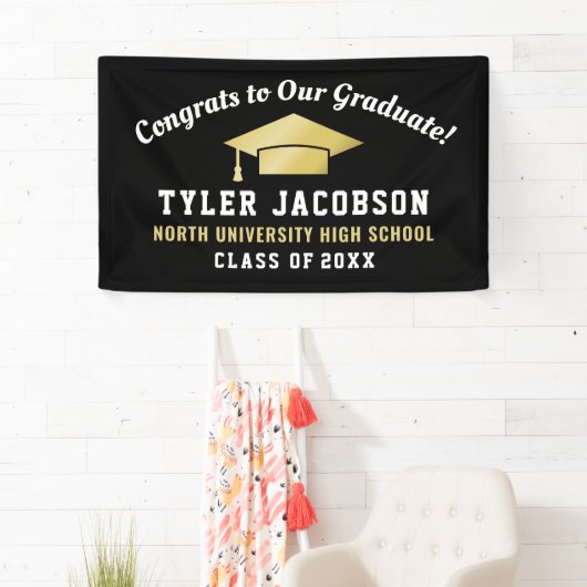 Gefeliciteerd met onze Afstuderen zwarte en goudst Spandoek (Insitu)