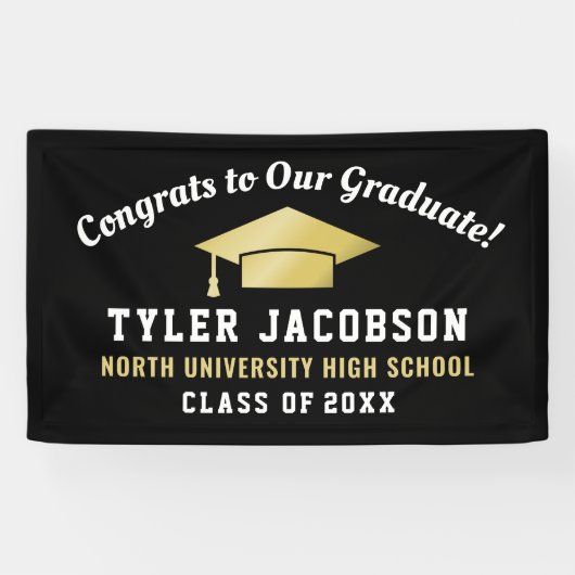 Gefeliciteerd met onze Afstuderen zwarte en goudst Spandoek (Horizontaal)