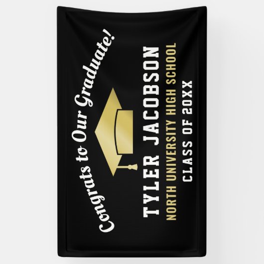 Gefeliciteerd met onze Afstuderen zwarte en goudst Spandoek (Verticaal)