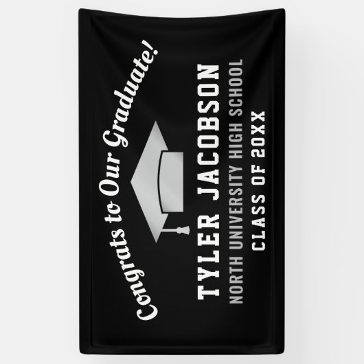 Gefeliciteerd met onze Afstuderen zwarte en zilver Spandoek (Verticaal)